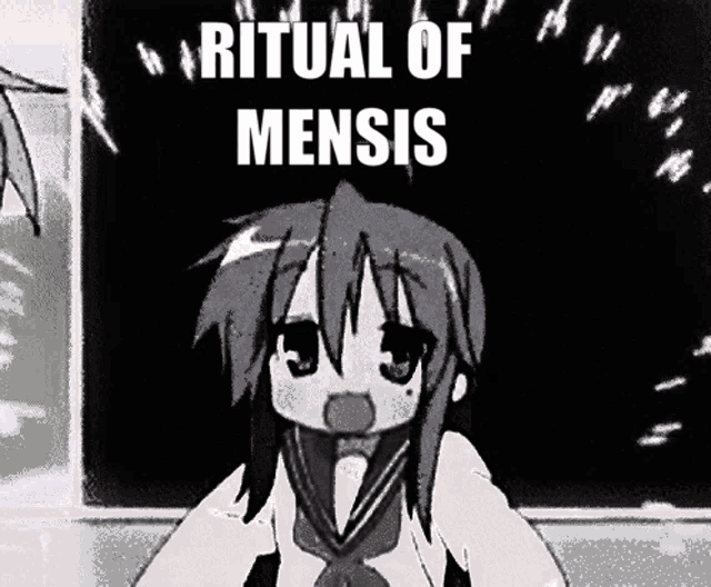 a girl in a school uniform is standing in front of a blackboard with the words ritual of mensis on it .