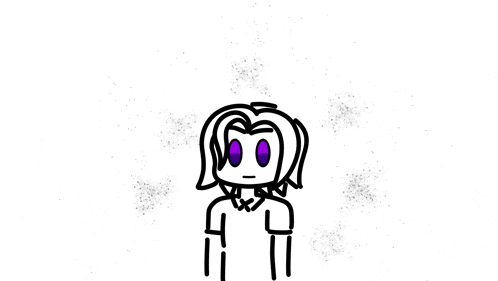 a drawing of a person with purple eyes and a purple shirt .