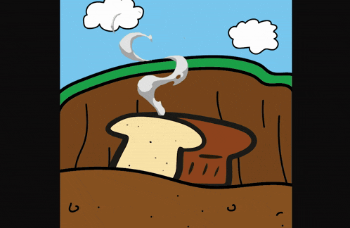 a cartoon drawing of a bread loaf in a hole with smoke coming out of it