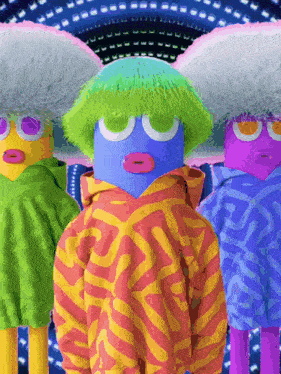 three colorful cartoon characters are standing next to each other in front of a blue background