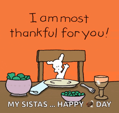 a cartoon of a dog sitting at a table with a plate of food and the words " i am most thankful for you "