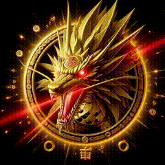 a dragon with red eyes is in a circle with chinese symbols around it