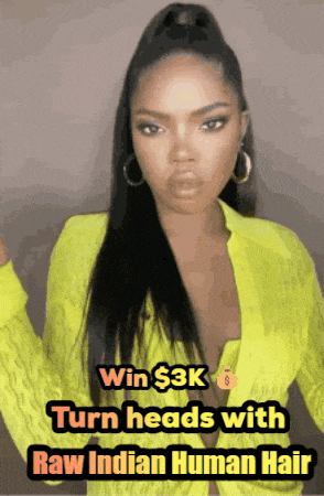 a woman in a neon yellow sweater is advertising raw indian human hair