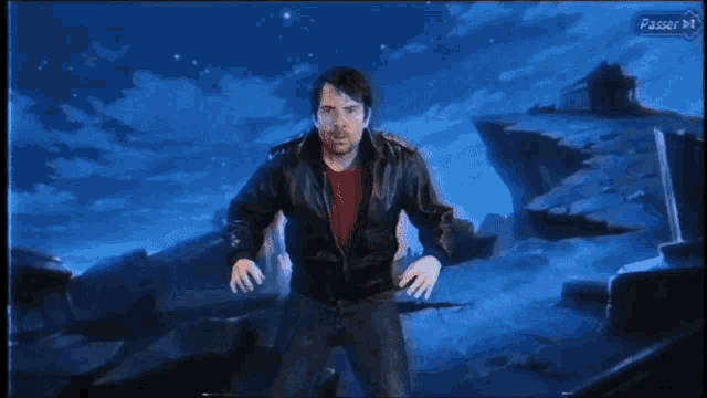 a man in a leather jacket stands in front of a screen that says passer b1 on it