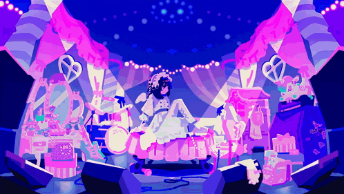 a pixel art drawing of a girl playing a drum set