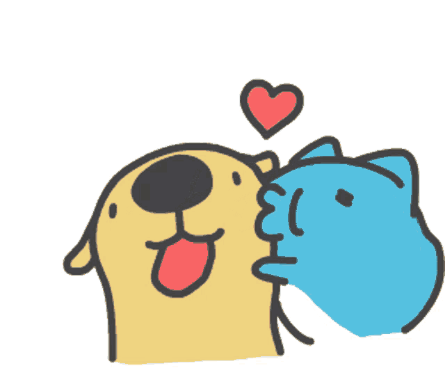 a dog is kissing a blue cat on the cheek with a heart above them