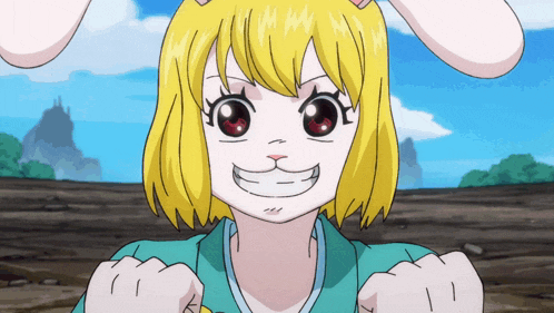 a cartoon character with bunny ears is smiling with her fists in the air