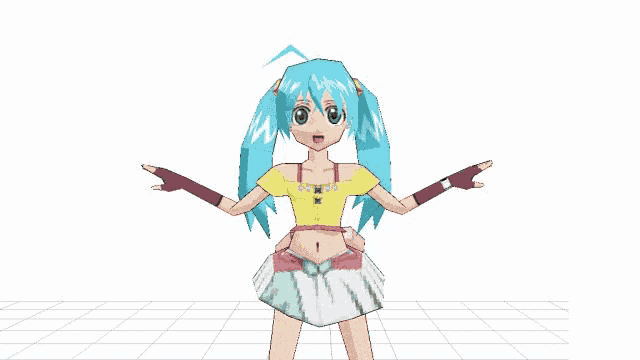 a cartoon girl with blue hair and a yellow shirt is standing with her arms outstretched