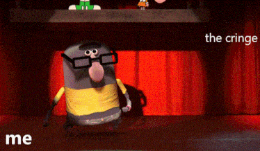 a cartoon character with glasses is standing in front of a red curtain with the words " the cringe me " below him