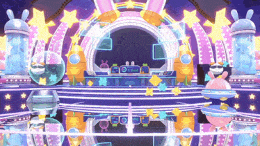 a cartoon illustration of a stage with a sign that says ' a.m. ' on it