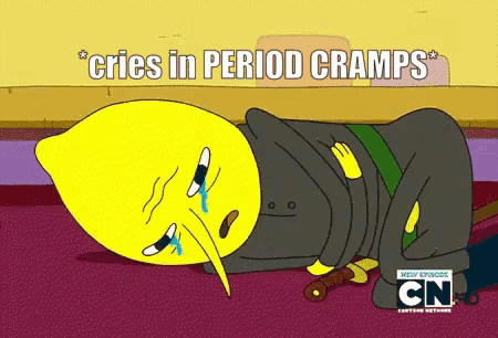 a cartoon of a lemon with the words cries in period cramps on the bottom