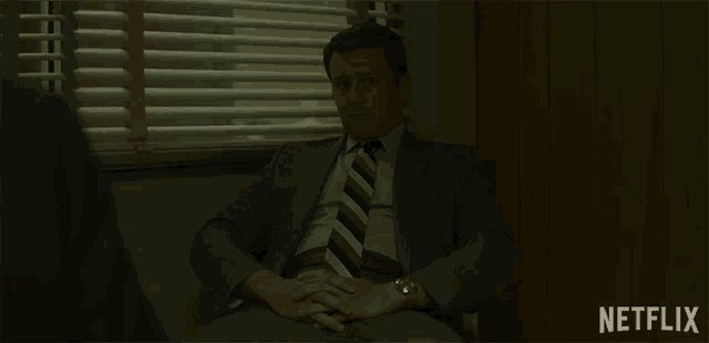 a man in a suit and tie is sitting in front of a window with netflix written on the bottom