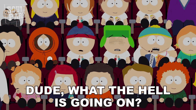 a group of south park characters are sitting in a theater watching a movie