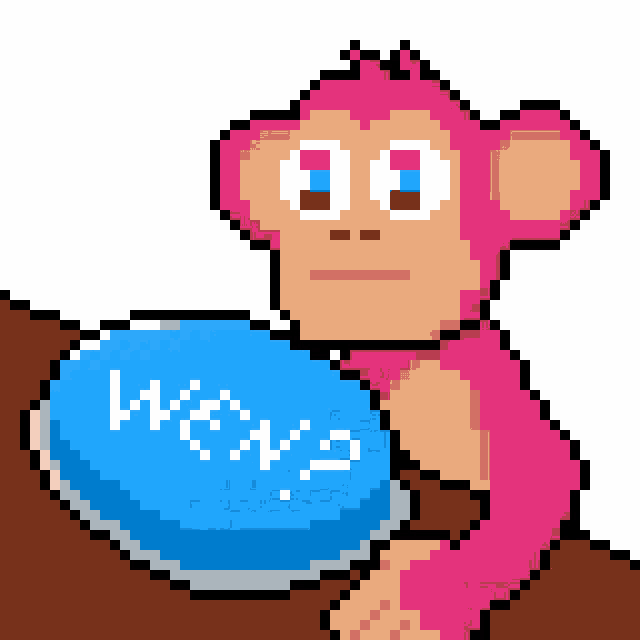 a pixel art of a monkey holding a blue ball that says wow on it