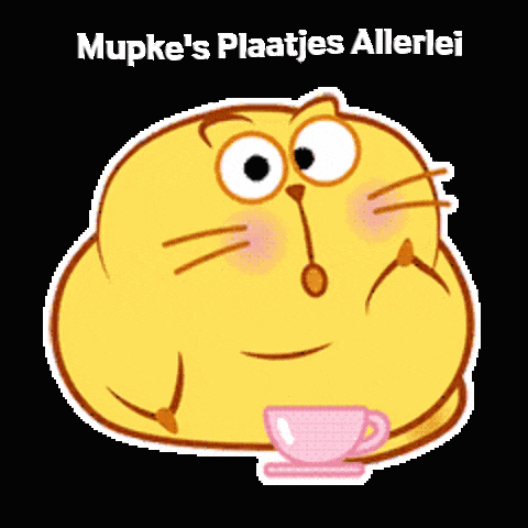 a cartoon cat is holding a pink cup with the words mupke 's plaatjes allerlei written below it