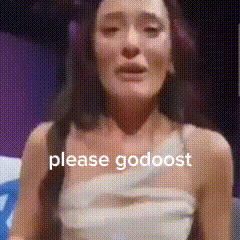 a woman in a white tank top is crying with the words `` please godoost '' written above her .