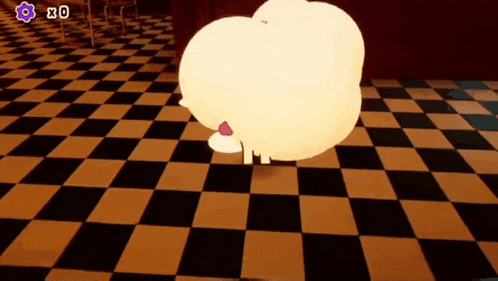 a cartoon character standing on a checkered floor with a x on the bottom right