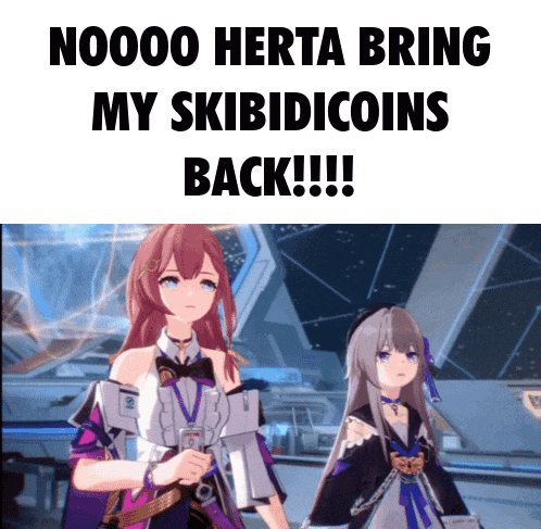 two anime girls standing next to each other with the words " nooo herta bring my skibidicoins back "