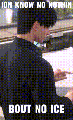 a man sitting at a desk with the words bout no ice above him