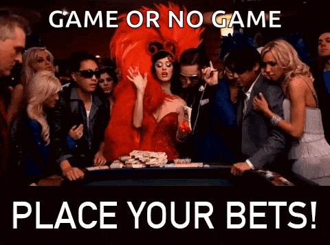 a group of people standing around a table with the words game or no game place your bets at the bottom