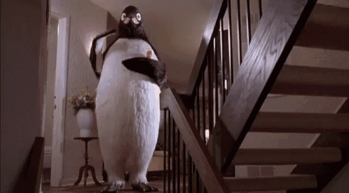 a penguin is standing on a set of stairs