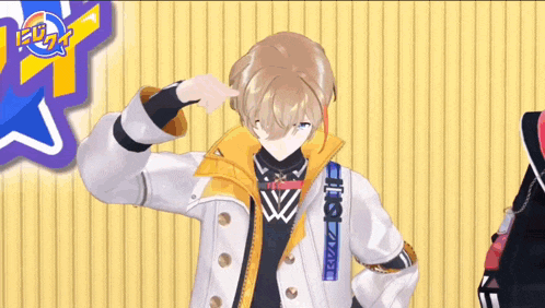 a cartoon character wearing a white jacket with a yellow collar and a blue strap that says just on it
