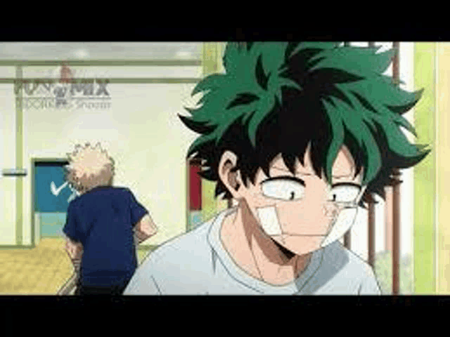 izuku midoriya from my hero academia is wearing a bandage around his face .