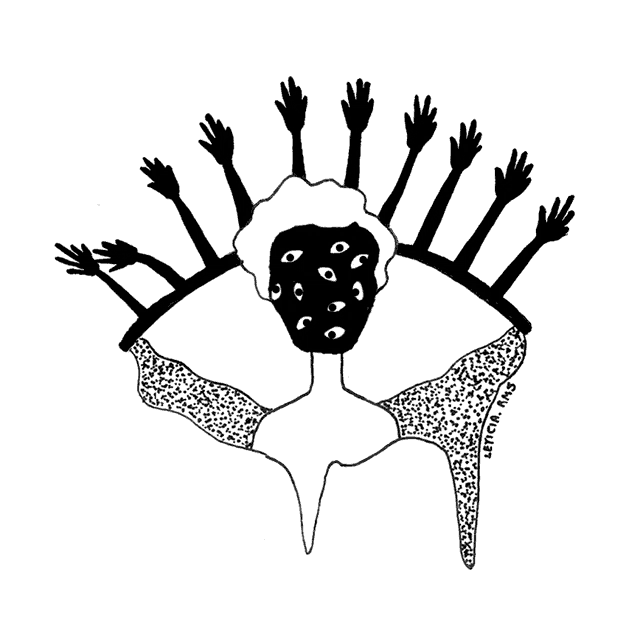 a black and white drawing of a person with many hands and the name leticia on the bottom right