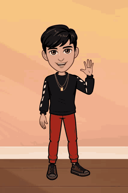 a cartoon drawing of a young man waving his hand