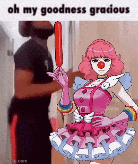 a cartoon of a girl dressed as a clown holding a red hot dog