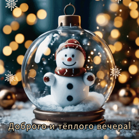 a snowman in a snow globe with the words " доброго и теплого вечера " below him