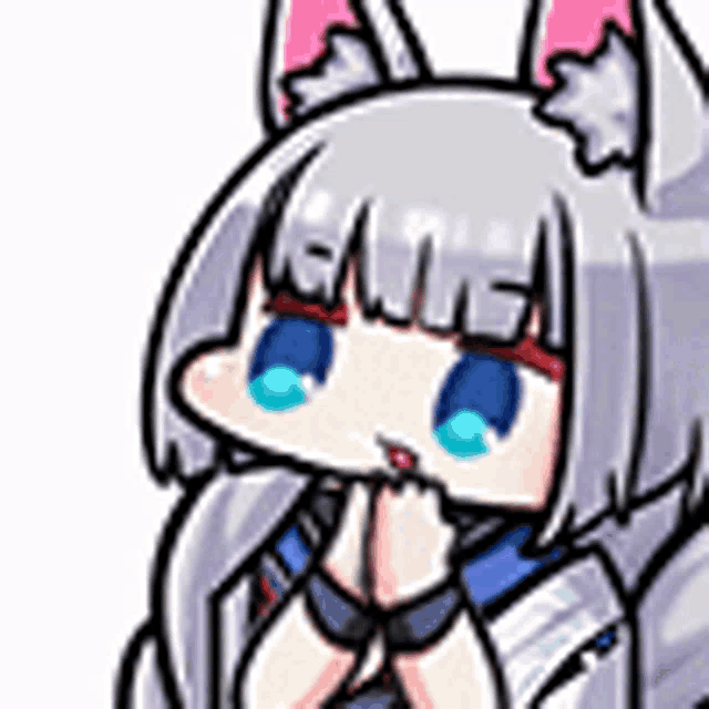 a cartoon girl with gray hair and blue eyes is sitting down with her hands folded in prayer .