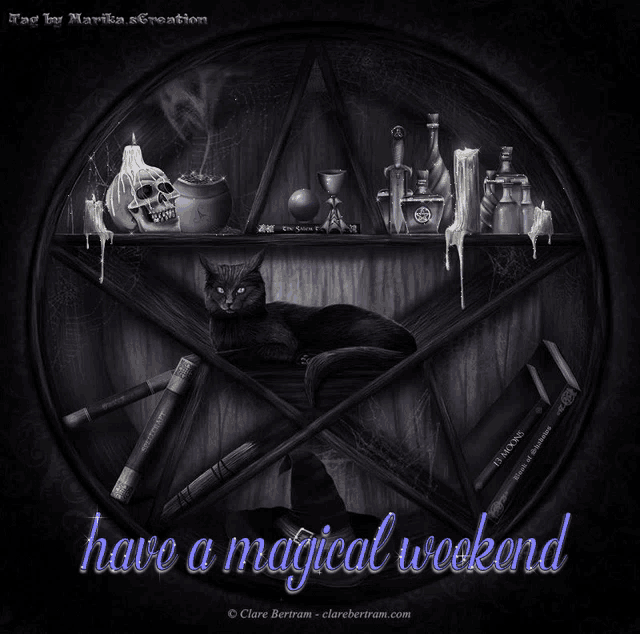 a black cat laying in a pentagram with the words have a magical weekend written below it