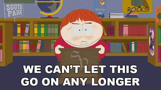 a cartoon character from south park sitting at a podium with the words we can 't let this go on any longer below him