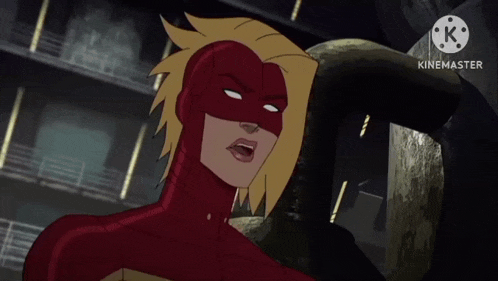 a cartoon of a woman in a red and yellow superhero costume with the words kinemaster below her