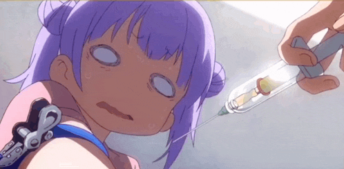 a girl with purple hair is getting an injection from a syringe
