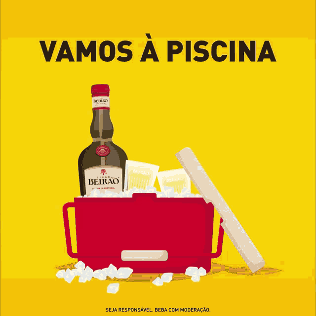 a red cooler filled with ice and a bottle of beirão
