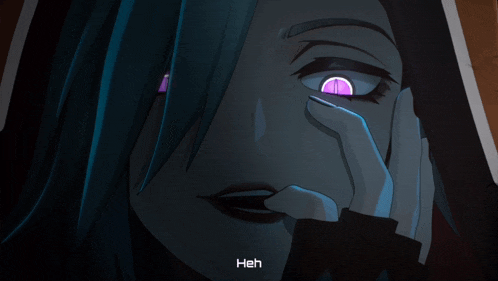 a cartoon character with purple eyes is covering her face with her hand