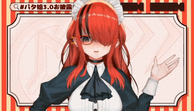 a girl with red hair and glasses is wearing a maid costume