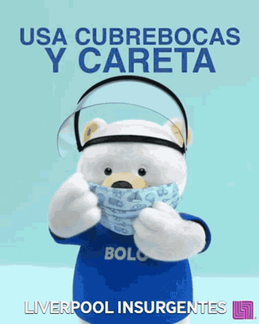 a teddy bear wearing a mask and a face shield says usa cubrebocas y careta