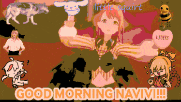 a poster that says good morning navm with a girl holding a cinnamon roll