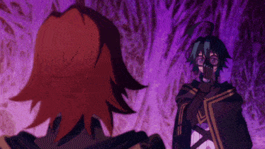 two anime characters are standing next to each other in a purple background