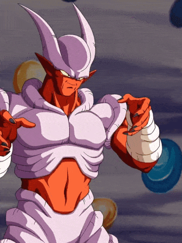 a cartoon character with a purple head and red torso