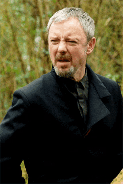 a man with gray hair and a beard is wearing a black suit
