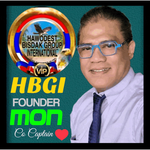 a man wearing glasses and a tie stands in front of a sign that says hbgi founder mon co. captain