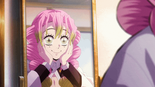 a girl with pink hair is looking at herself in a mirror and smiling .