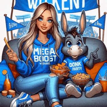 a girl and a donkey are sitting on a couch and the donkey is wearing a shirt that says donk farty