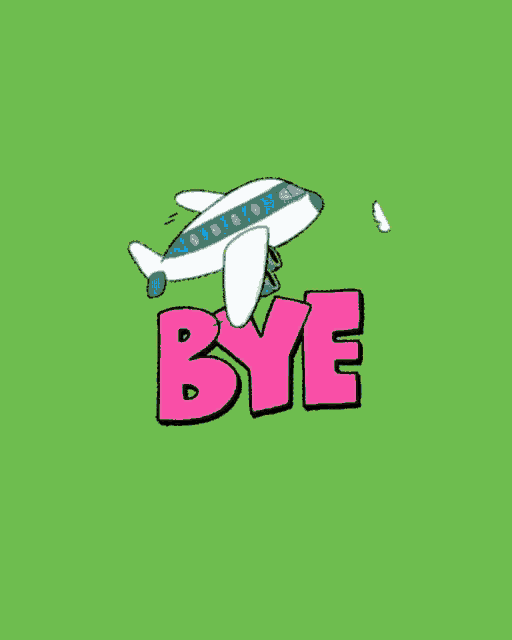 a cartoon airplane is flying over the word bye on a green background