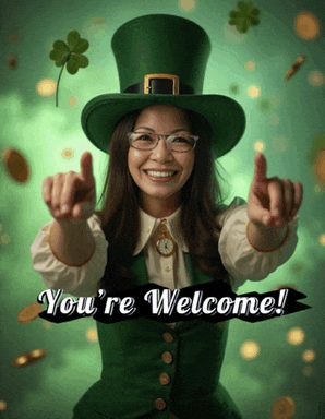 a woman in a leprechaun costume is pointing at the camera with the words you 're welcome behind her