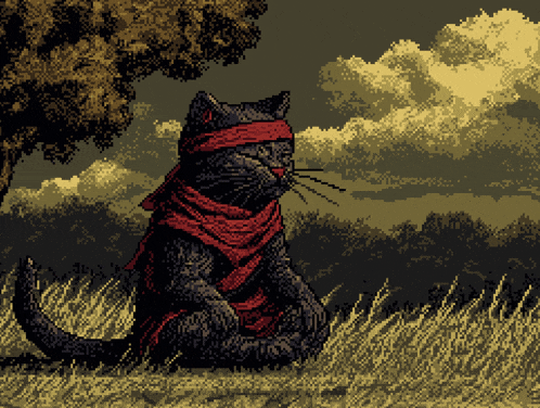 a pixel art drawing of a black cat wearing a red headband